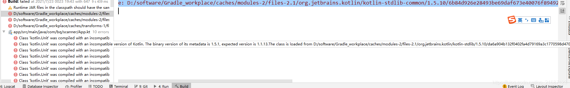 ktolin的android项目编译突然报错w: Runtime JAR files in the classpath should have the same version. These file